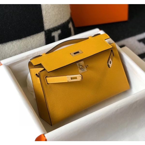 HERM Kelly Pochette Bag In Yellow Epsom Leather