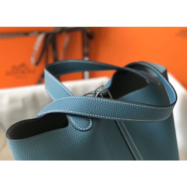 HERM Picotin Lock 18 Bag In Blue Jean Clemence Leather