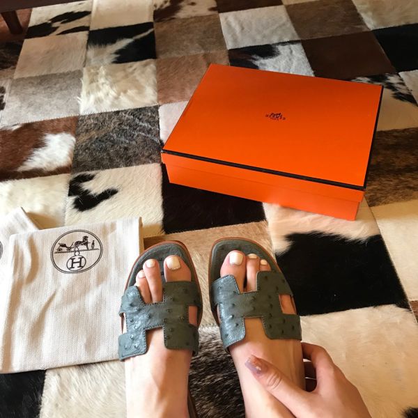 HERM Oran Slide Sandals In Vert Amande Ostrich Leather