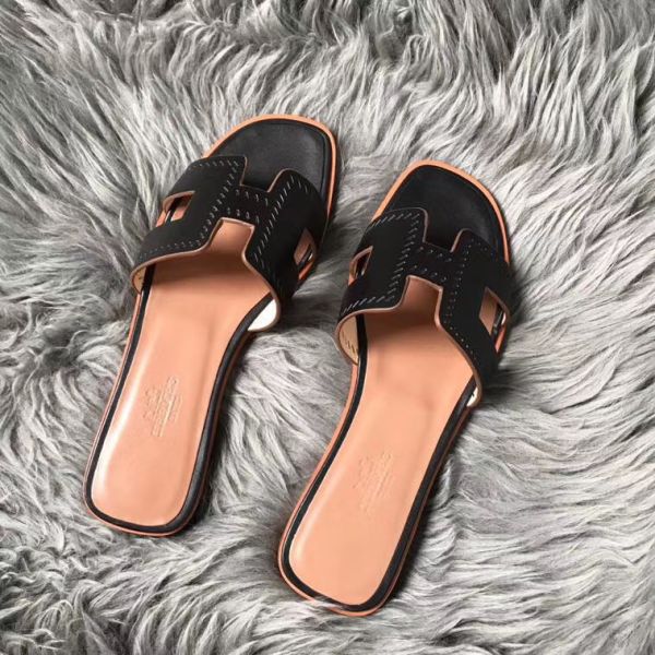 HERM Oran Perforated Sandals In Black Swift Leather