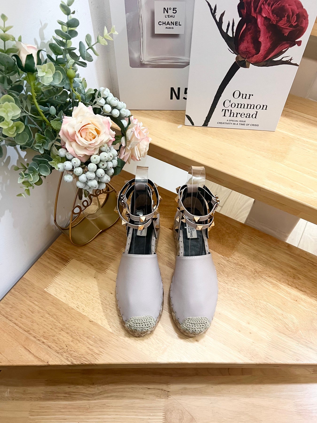 LIGHT PURPLE LEATHER ROCKSTUD ESPADRILLES ANKLE STRAP FLATS