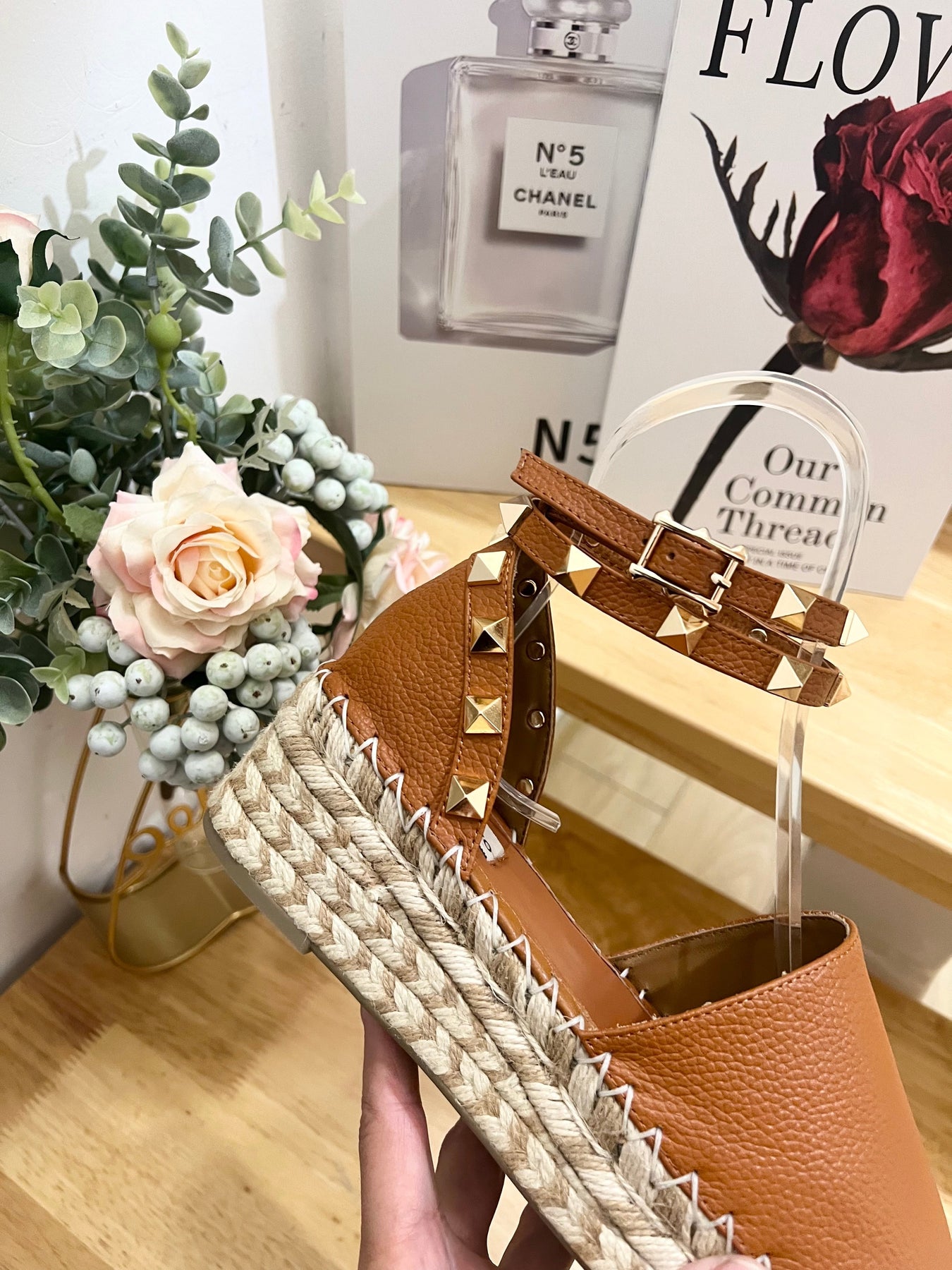 BRONZE BROWN LEATHER ROCKSTUD ESPADRILLES ANKLE STRAP FLATS