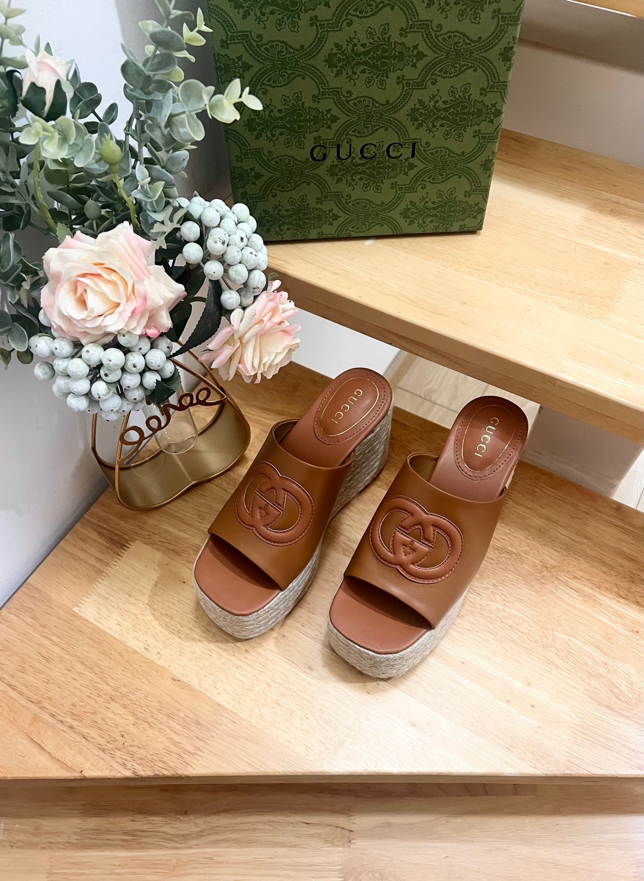 HIGH 10CM WEDGE SANDALS IN RUSSET BROWN SHEEPSKIN