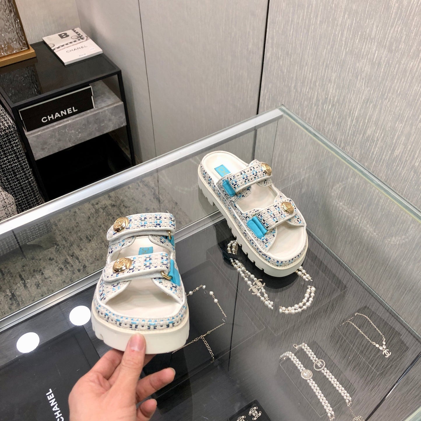 DAD SANDAL MULE IN WHITE MIX LIGHT BLUE TWEED FABRIC