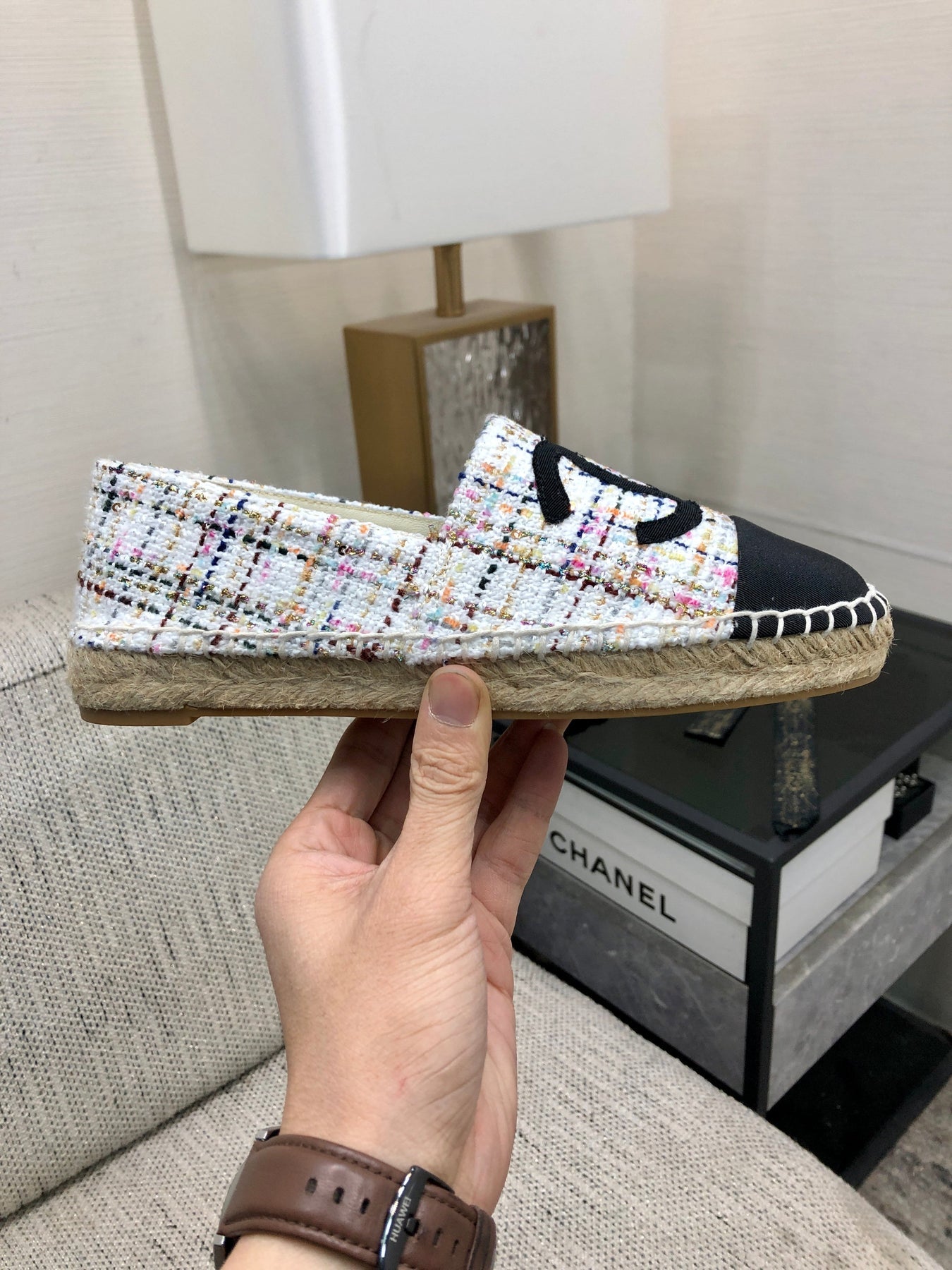 ESPADRILLE WHITE MIX BLACK TWEED FABRIC FLATS