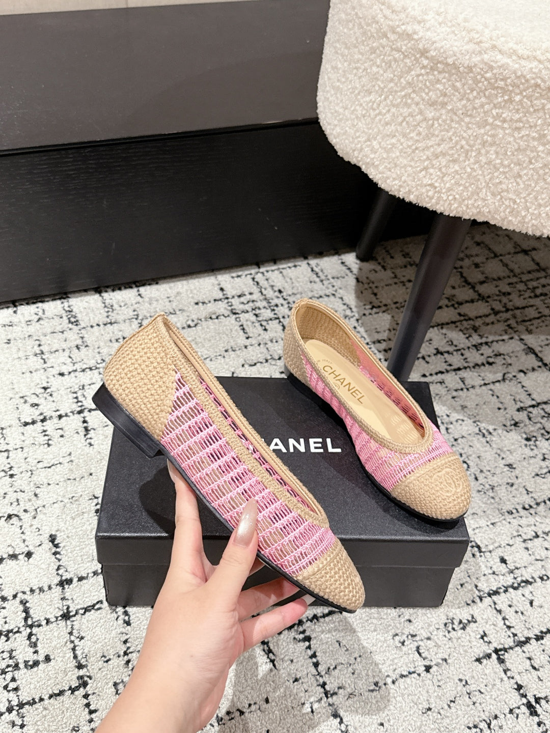 BALLET FLAT 25S IN PINK AND BEIGE RAFFIA