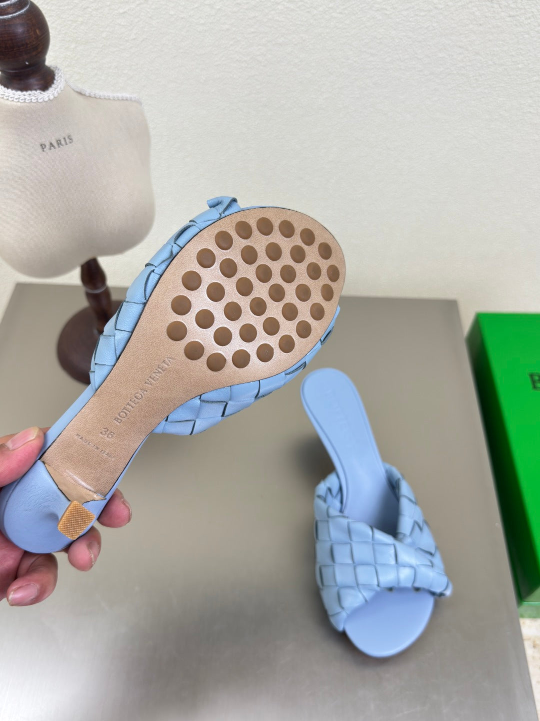 BLINK HIGH 5 CM MULE IN CERULEAN BLUE INTRECCIATO LEATHER