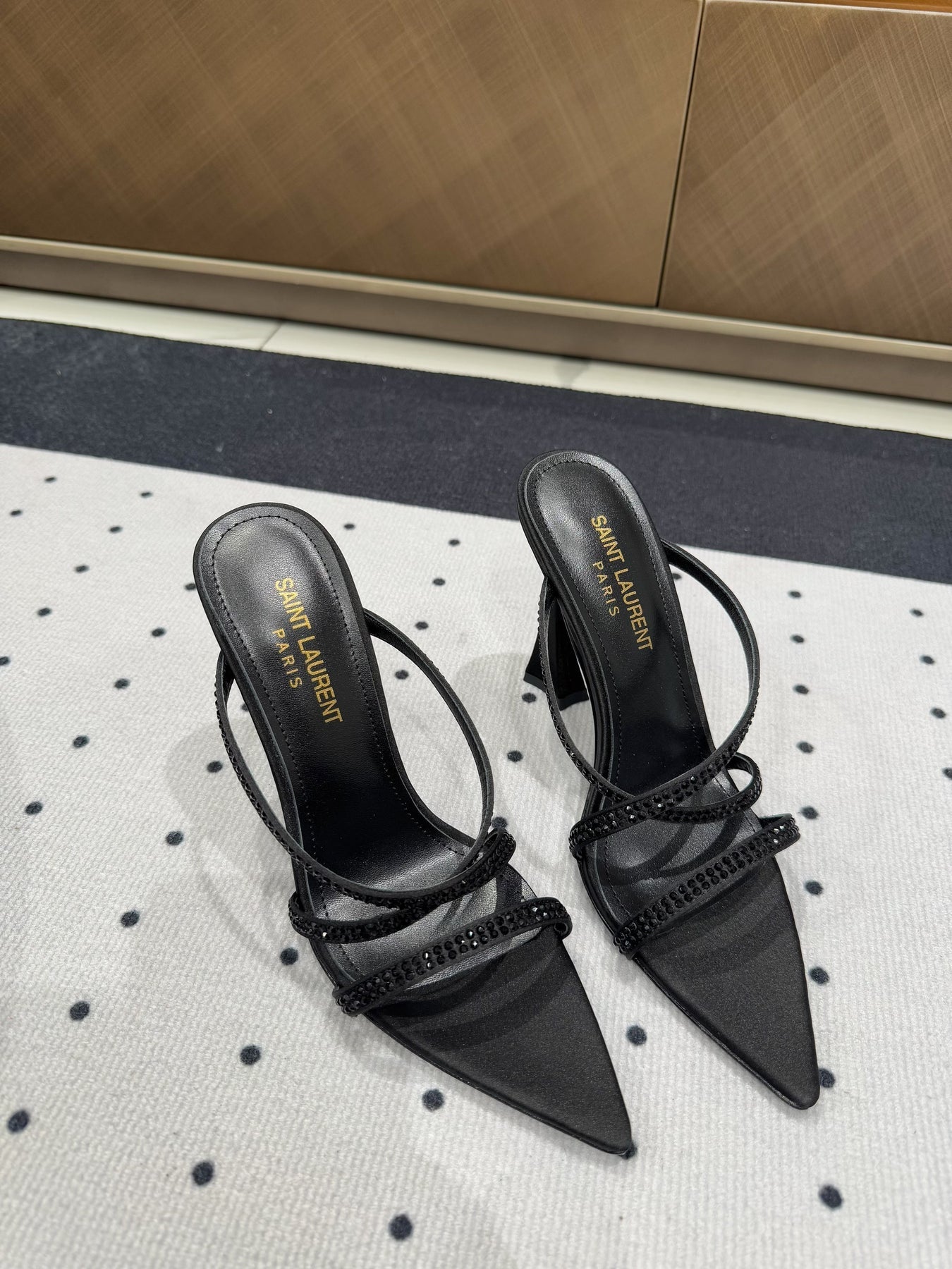 HIGH CRYSTAL STRAP SANDALS IN BLACK SILK