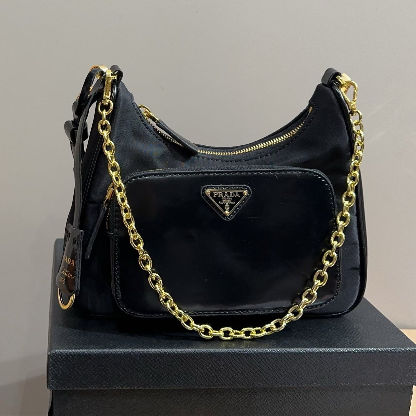 HOBO BAG 22 IN BLACK RE-NYLON AND CALFSKIN WITH GOLD HARDWARE