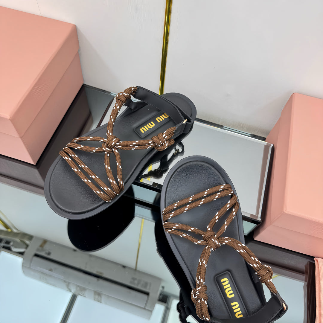 RIVIERE SANDALS IN BLACK CALFSKIN BROWN CORD