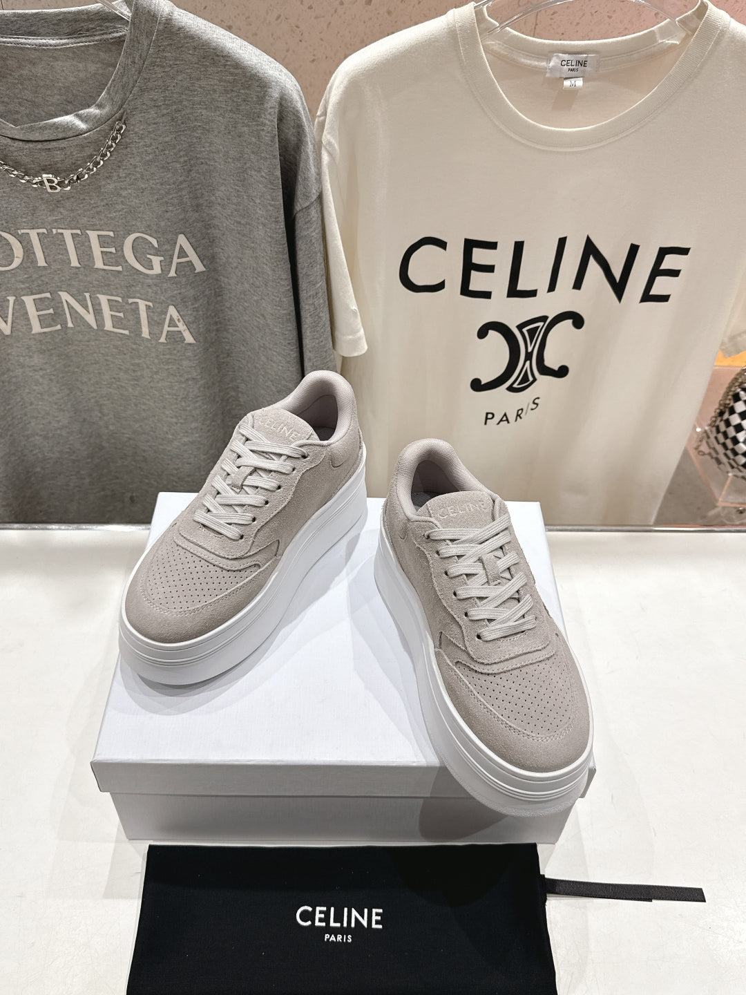 BLOCK SNEAKERS WITH EMBROIDERED TRIOMPHE IN MALIBU BEIGE SUEDE