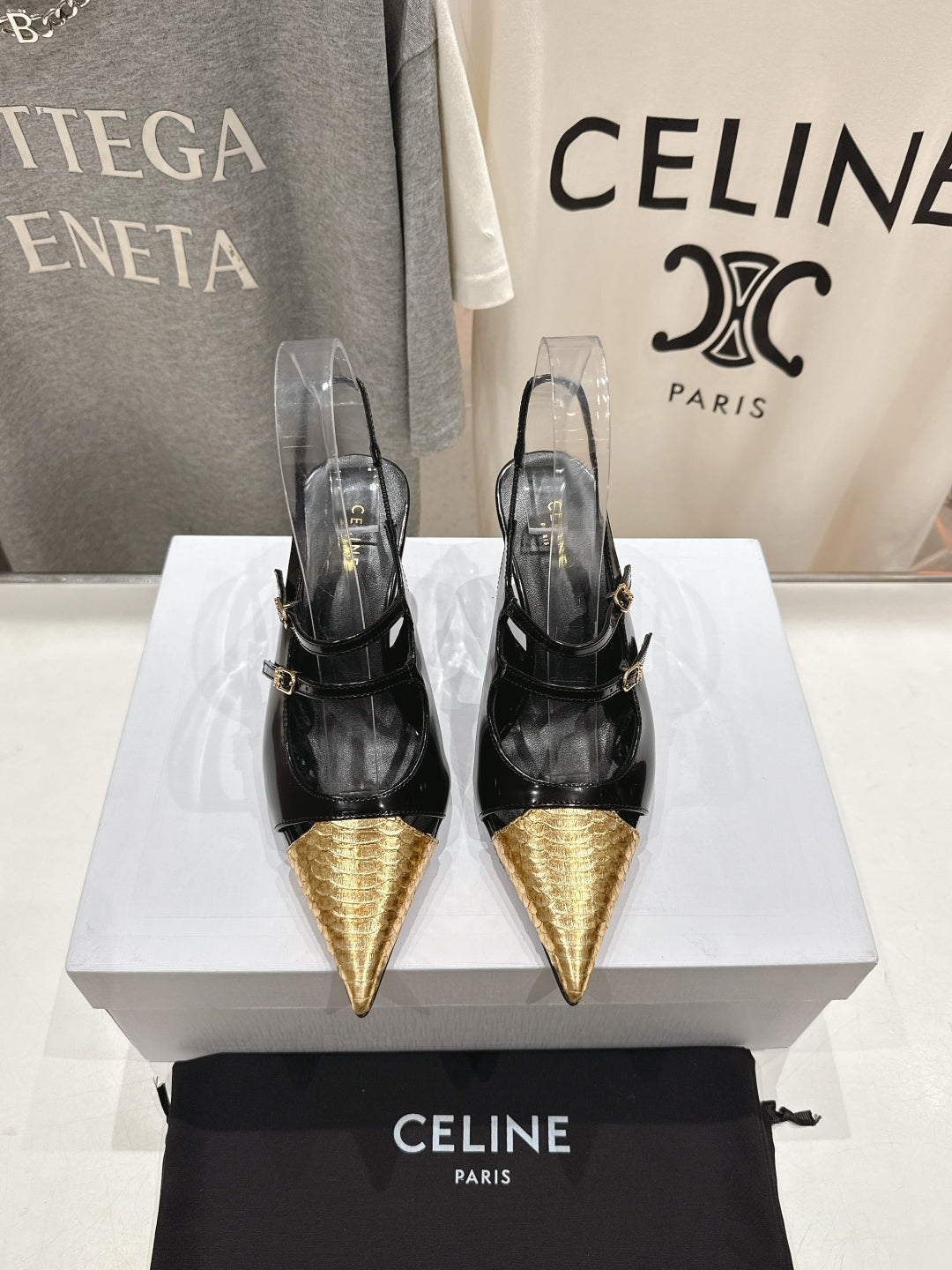 JUDY DOUBLE STRAP MARY JANE SLINGBACK 65MM IN BLACK SHINY CALFSKIN AND GOLD SNAKE EMBOSSED LEATHER