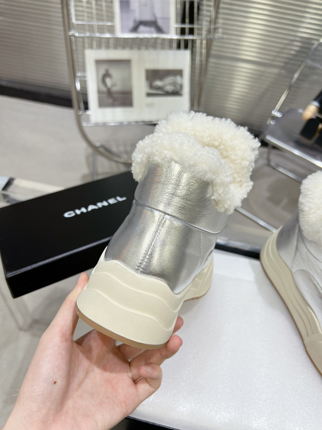 MARTIN BOOTS IN SILVER CALFSKIN AND LAMB FUR LINING