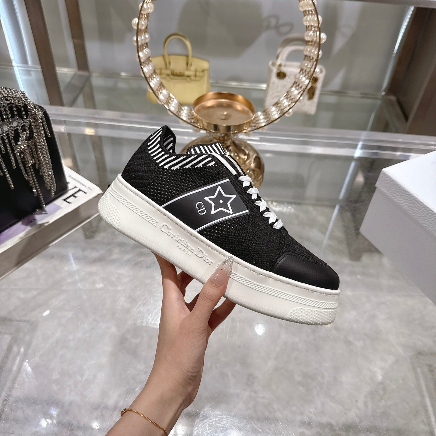 CD STAR SNEAKER 4CM IN BLACK AND WHITE MESH FABRIC