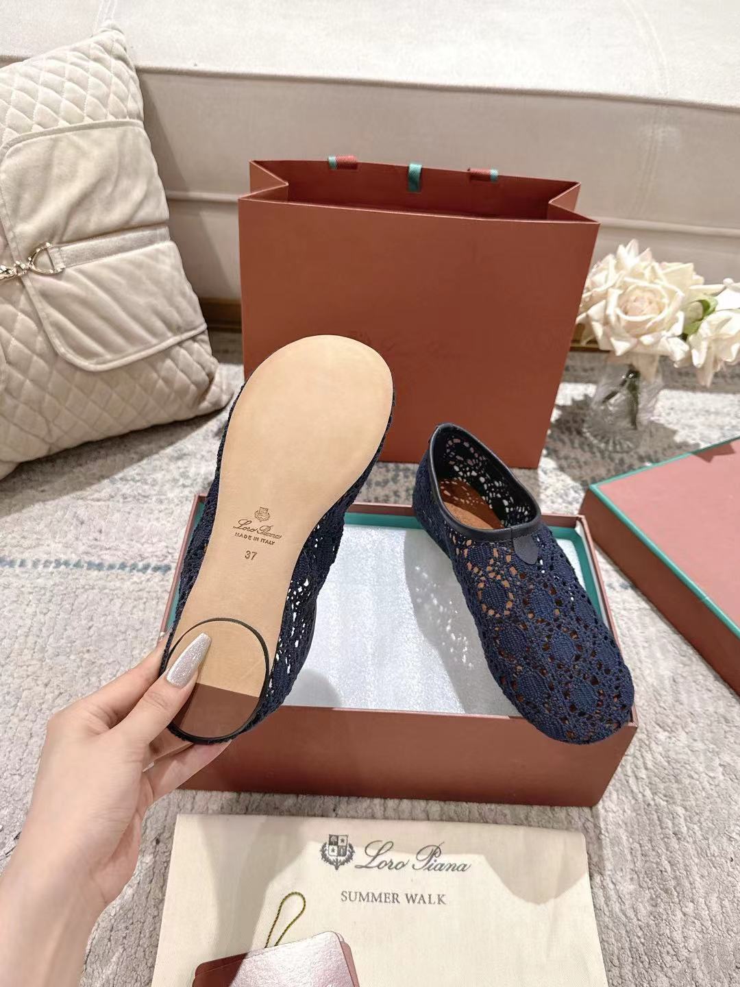 FLAT SHOES 25 IN DARK BLUE MESH FABRIC