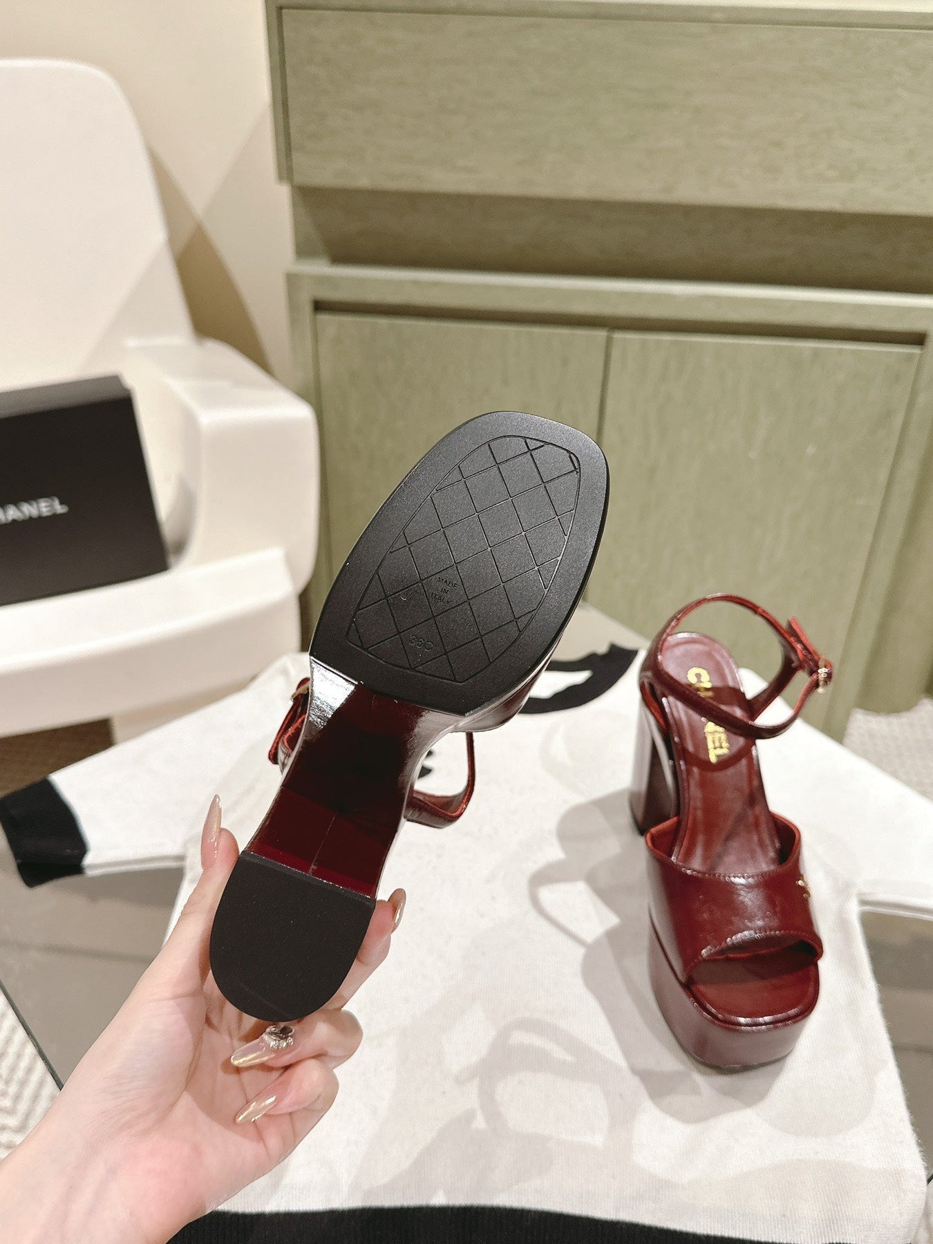 CC HIGH SANDAL WINE RED CALFSKIN