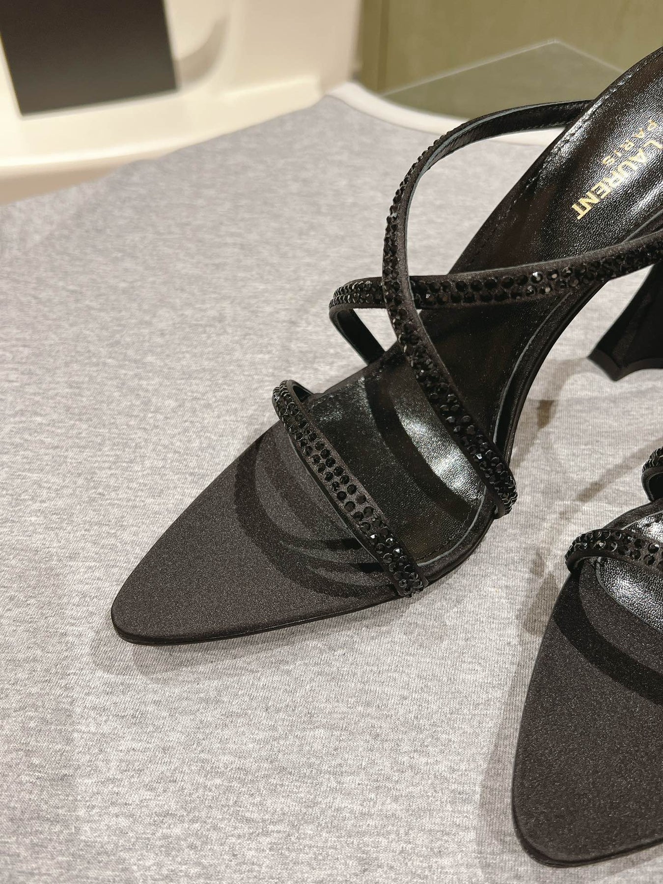 HIGH HEEL MULE 10 CM IN BLACK SATIN WITH RHINESTONES