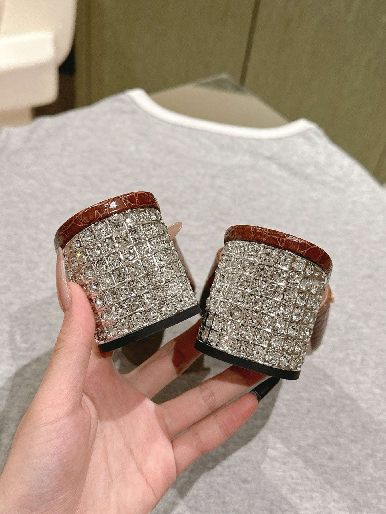 JEWELLED HEEL 55 MULE SANDALS IN RUSET BROWN CALFSKIN