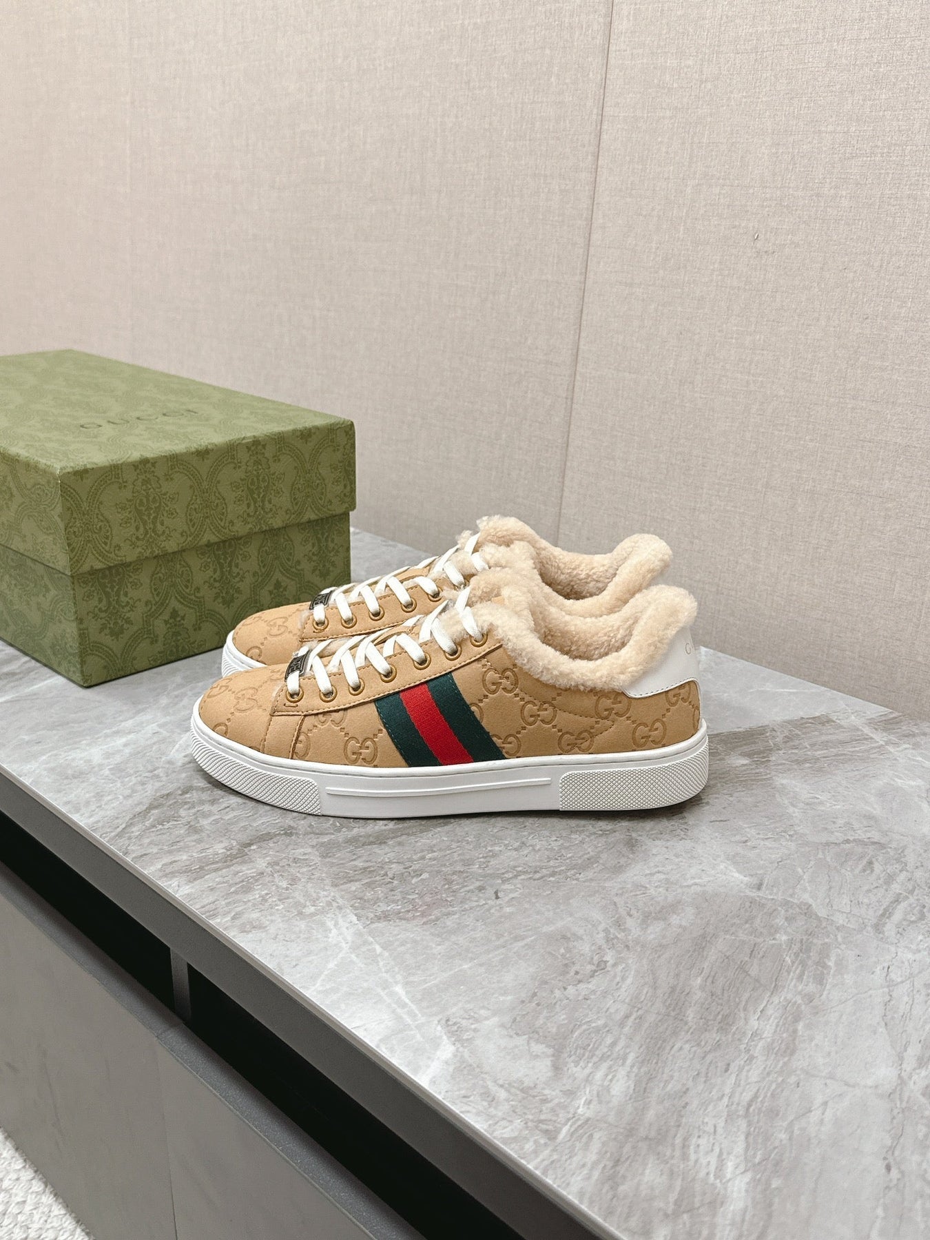 GG ACE SNEAKER WITH WEB IN BEIGE EMBOSSED SUEDE AND WOOL LINING