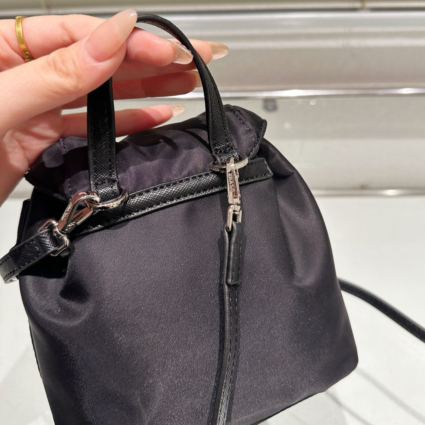 MINI BACKPACK 17 IN BLACK RE-NYLON DRAWSTRING CLOSURE
