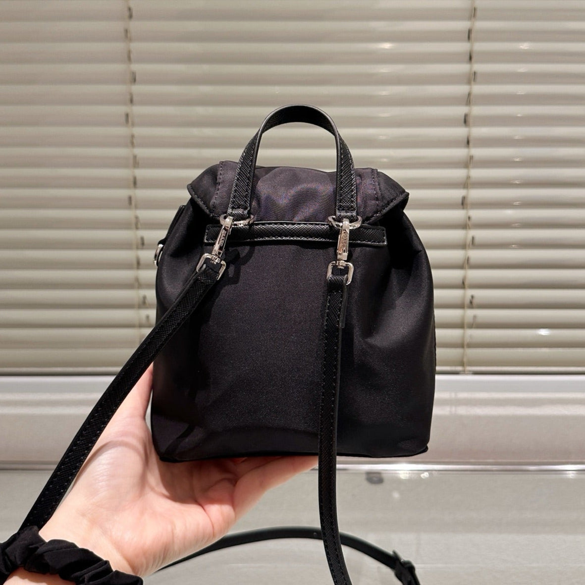 MINI BACKPACK 17 IN BLACK RE-NYLON DRAWSTRING CLOSURE