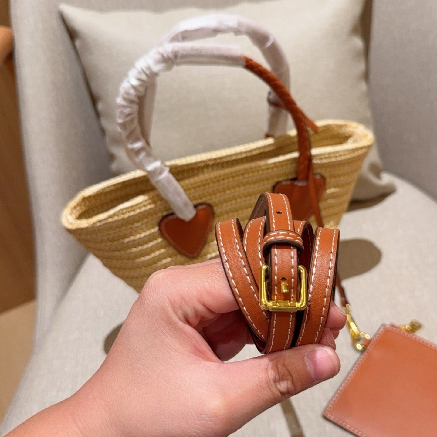 PALMETTO TOTE BAG 18 IN BEIGE WOVEN RAFFIA BROWN CALFSKIN TRIM