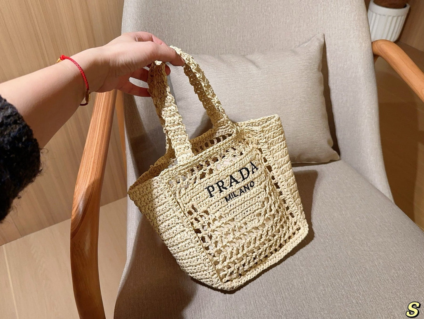 EMBROIDED LOGO MINI TOTE BAG 23 IN OFF WHITE WOVEN RAFFIA
