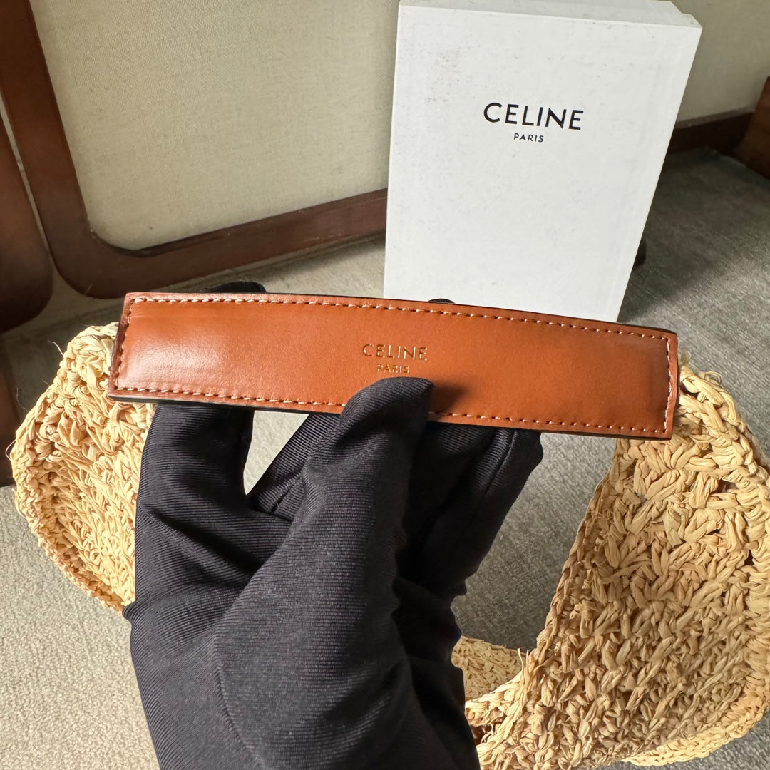 CELINE PANIER HOBO BAG 33 IN RAFFIA AND CALFSKIN LOGO BROWN