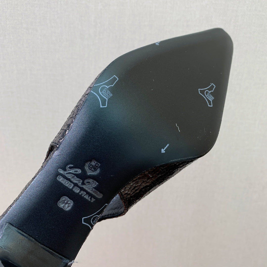 LP POINTED TOE MID-HEEL SLINGBACK DARK BROWN CALFSKIN