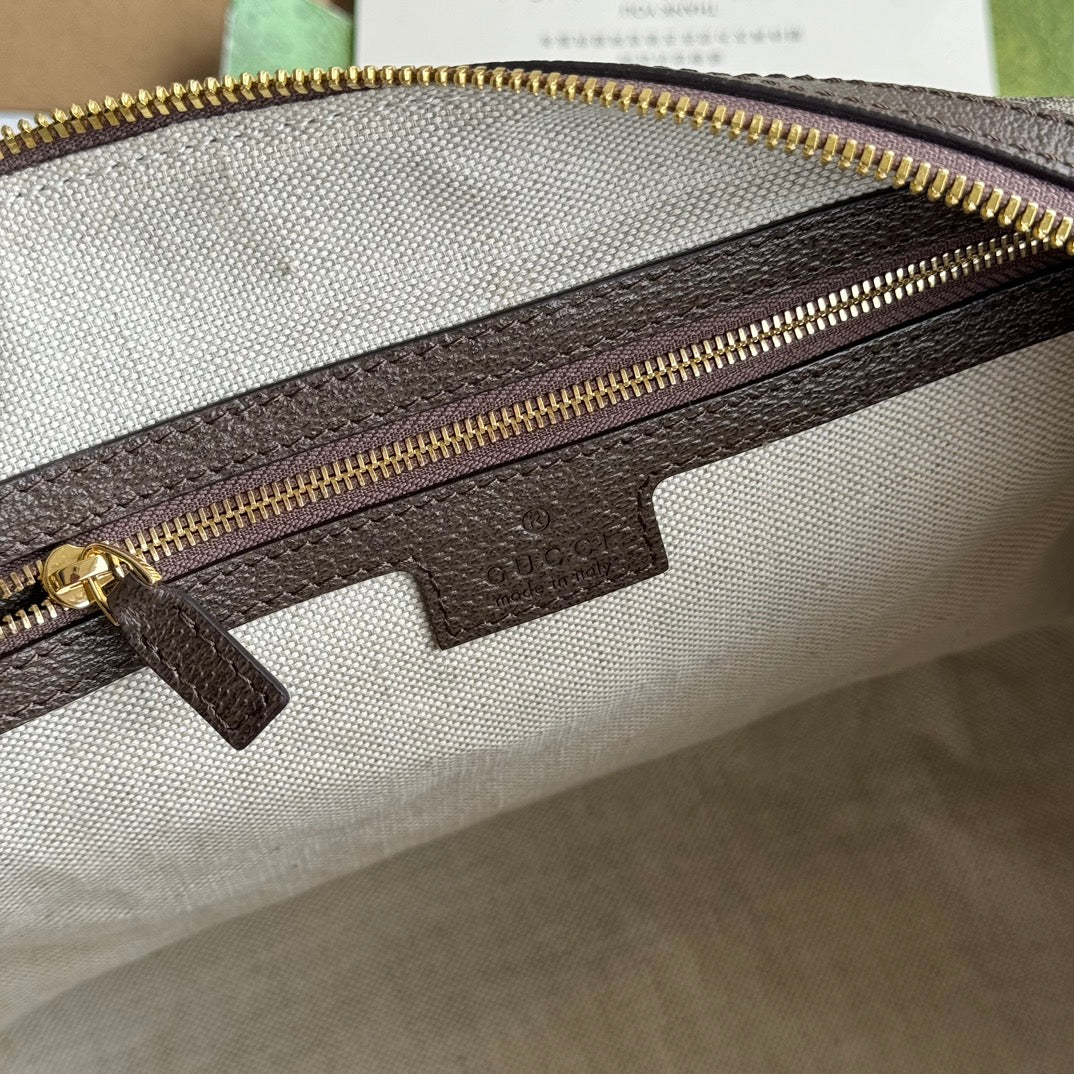 OPHIDIA LARGE BOSTON BAG 31 IN BEIGE EBONY GG BROWN CALFSKIN TRIM