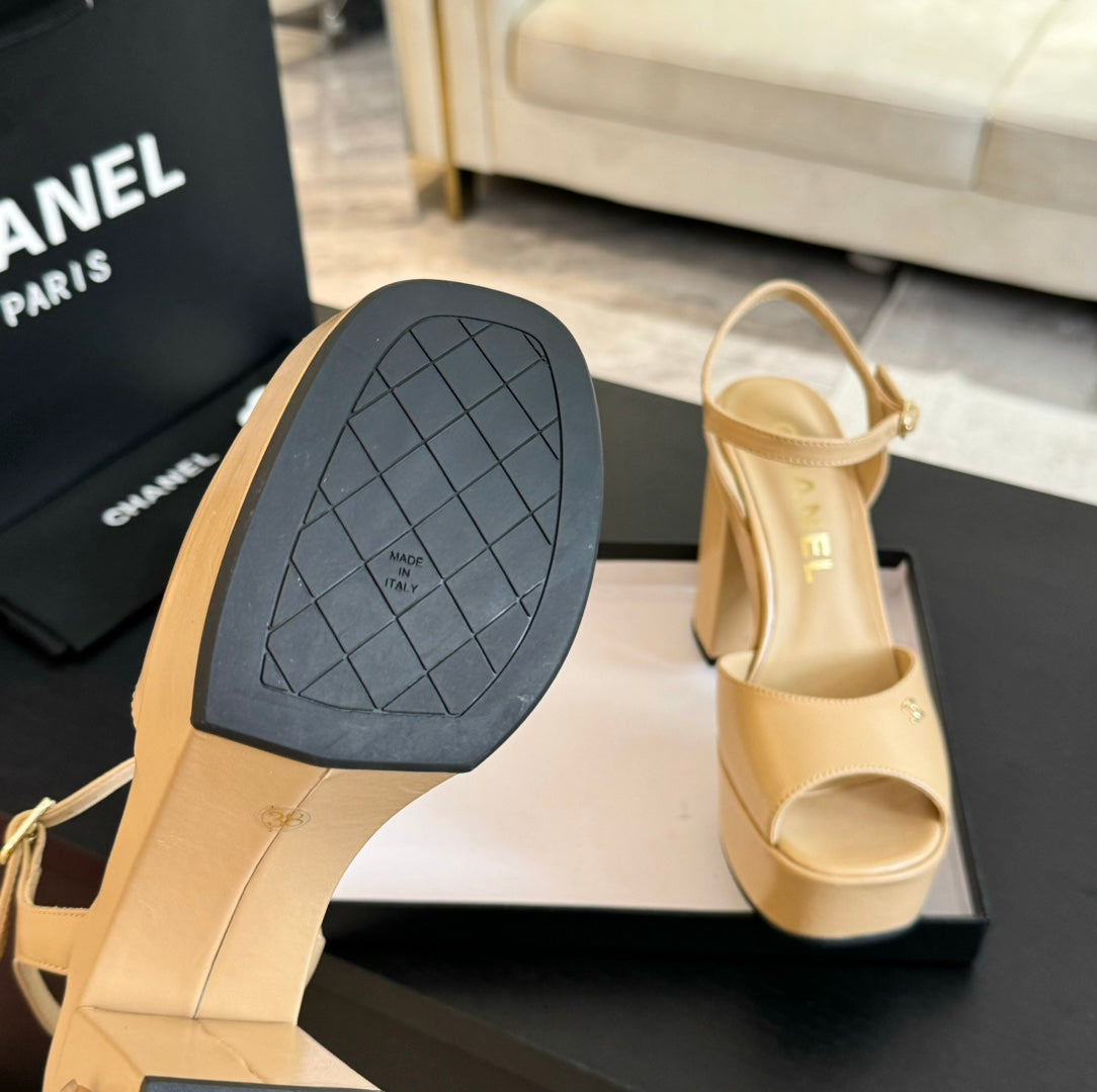 HIGH HEEL PLATFORM SANDALS IN SAND YELLOW CALFSKIN
