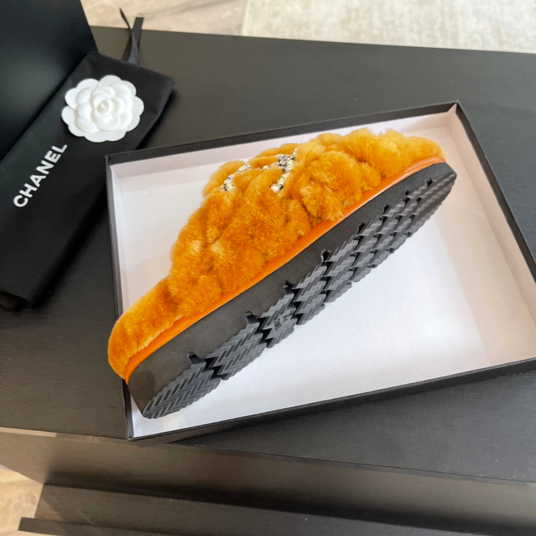 SAFETY ORANGE FUR CROSS STRAP SLIPPERS