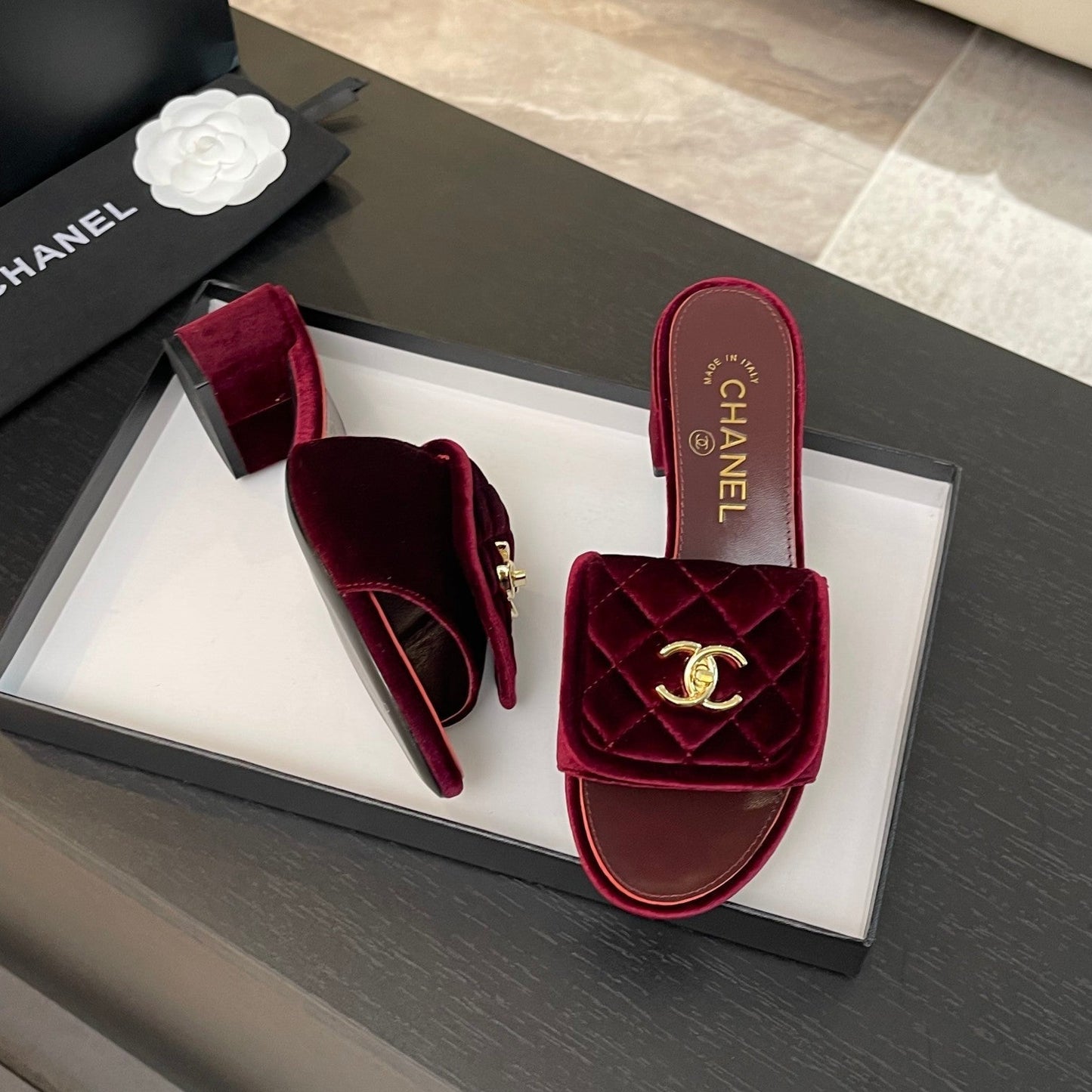 MID-HEEL 5 CM MULE IN BURGUNDY RED VELVET