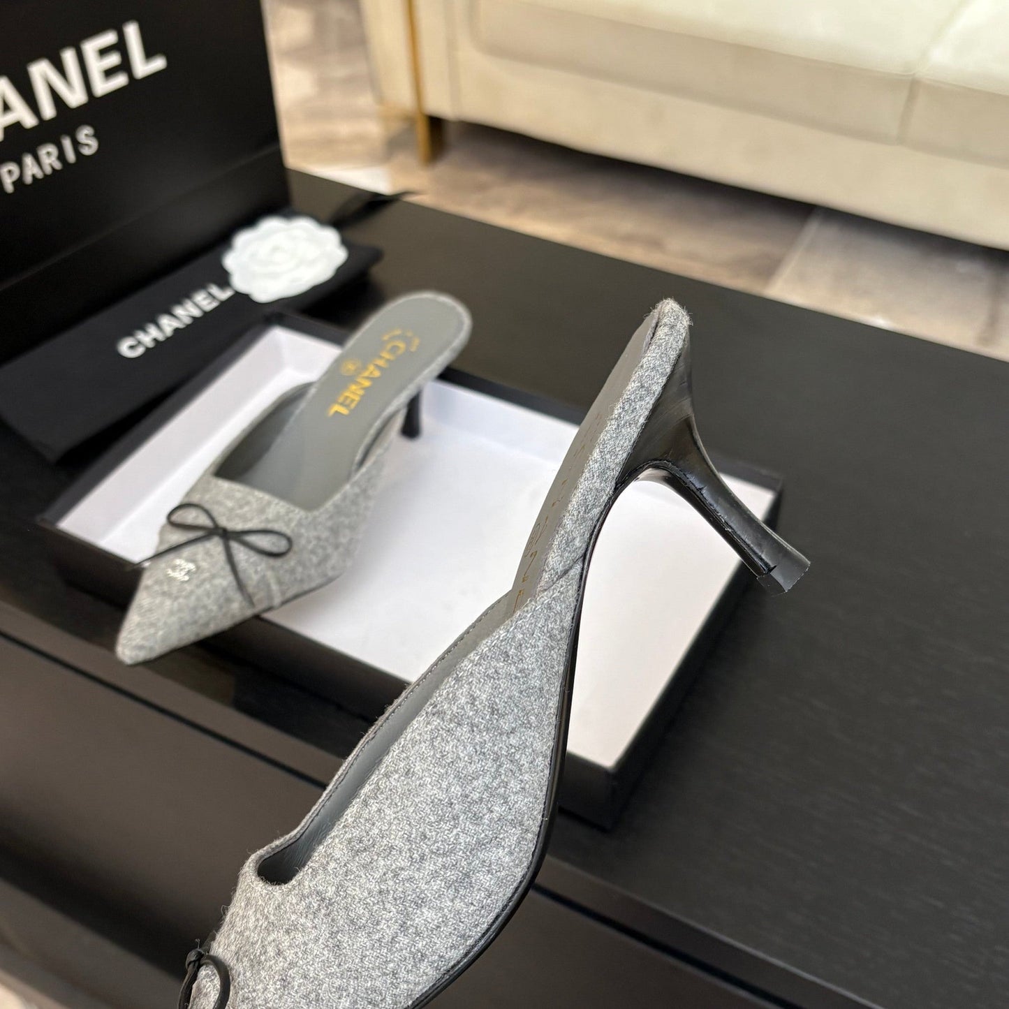 HIGH HEEL MULE 65 MM IN DOVE GRAY FELT COTH