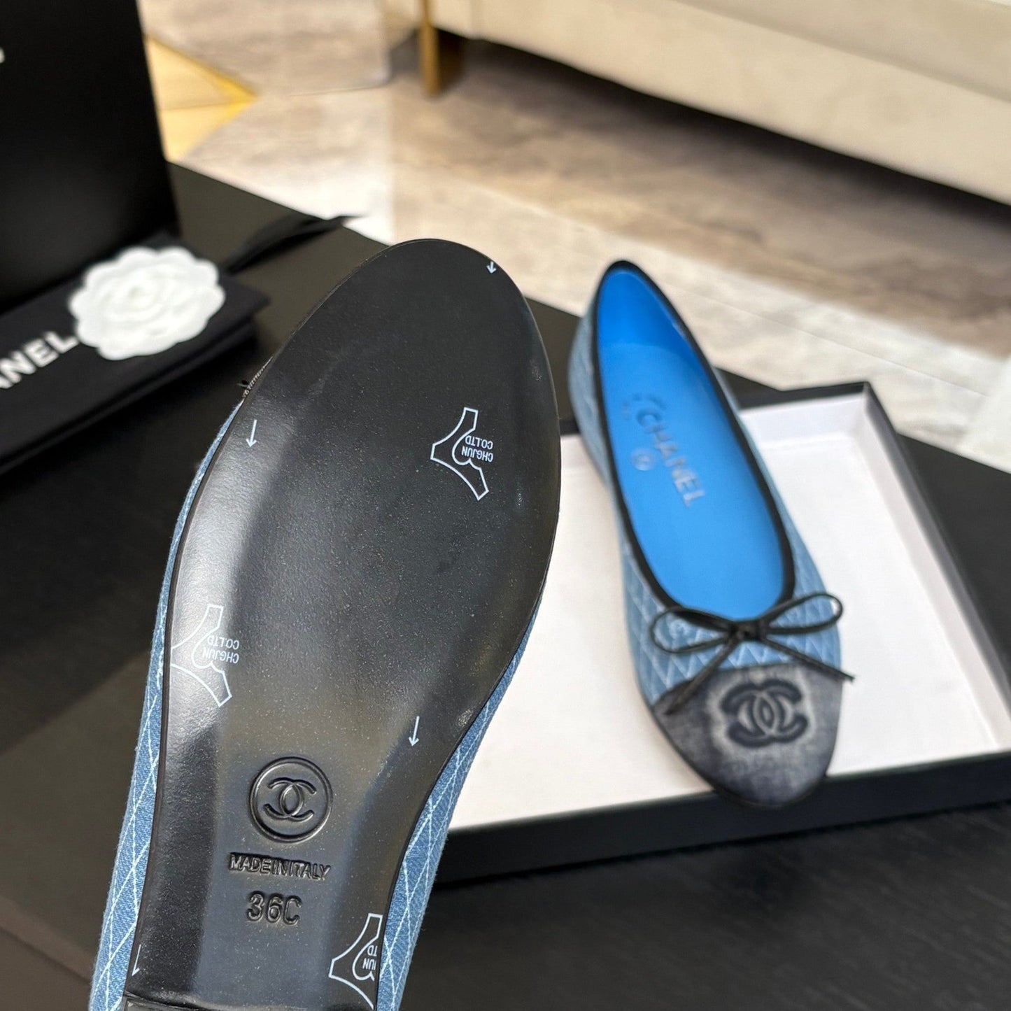 BALLET FLATS IN LIGHT BLUE MIX BLACK MONOGRAM DENIM