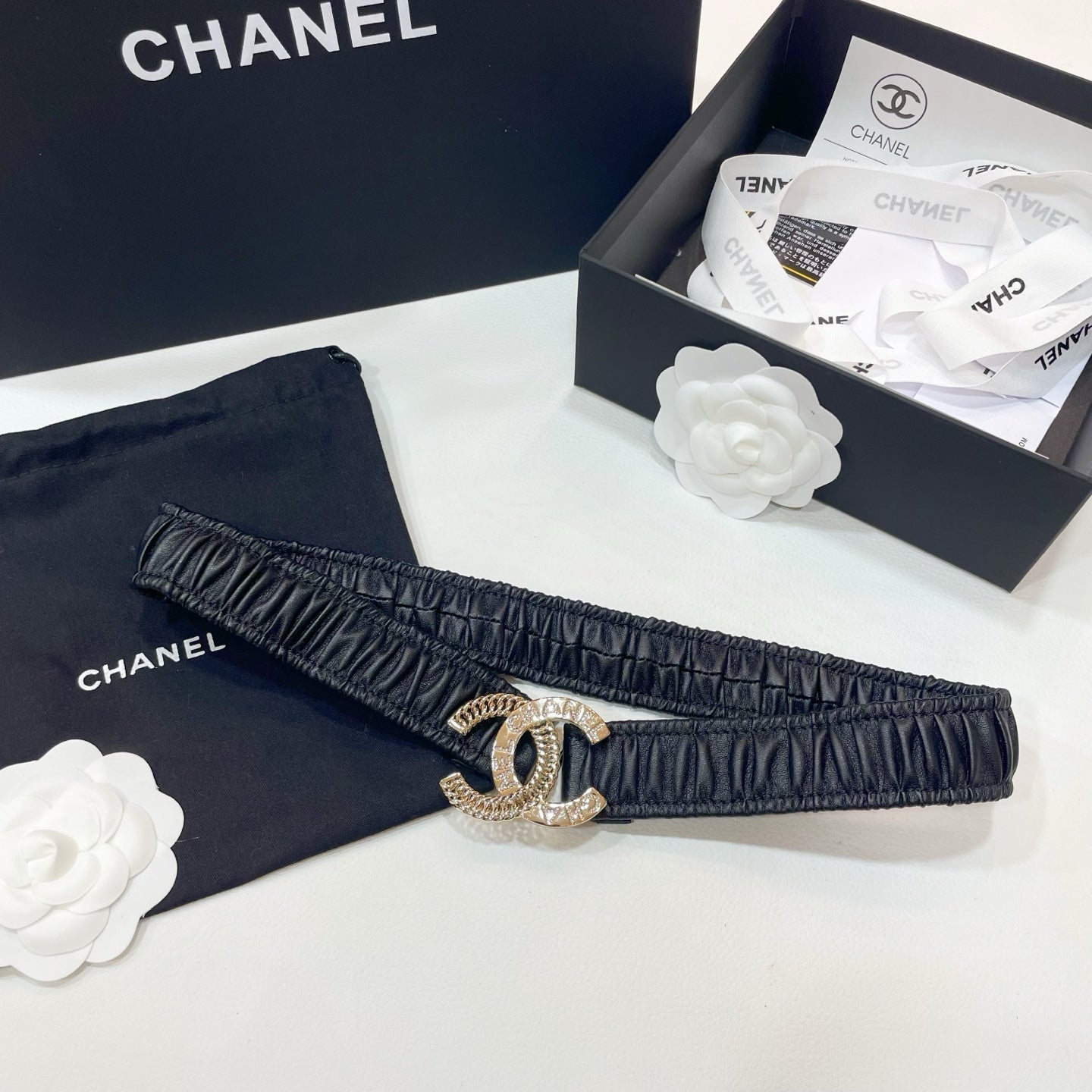 DOUBLE C ELASTIC BELT 30MM IN BLACK CALFSKIN GOLD CRYSTAL EMBELLISHED BUCKLE