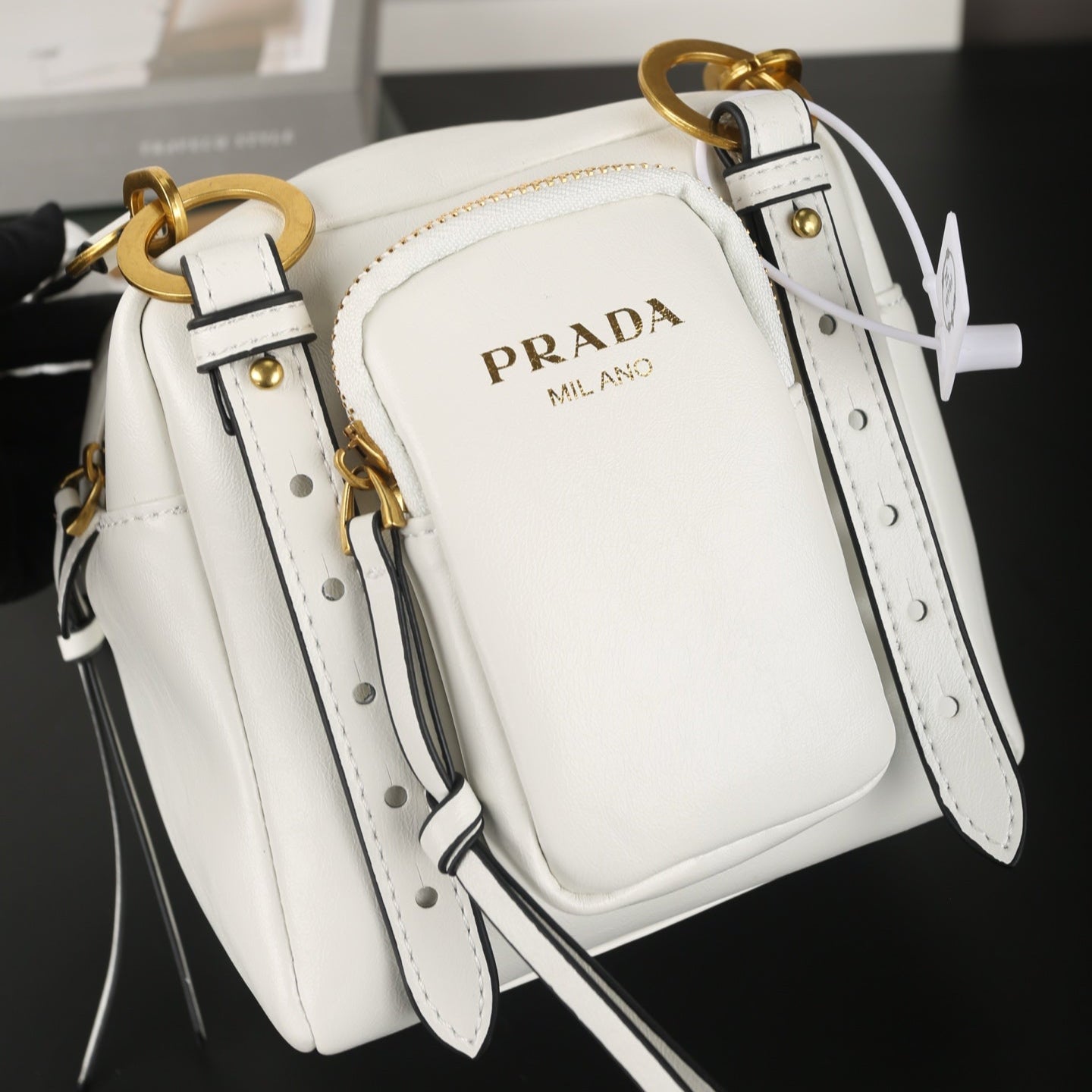 DANGLE TOP HANDLE MINI BAG 15 IN WHITE SHINY CALFSKIN