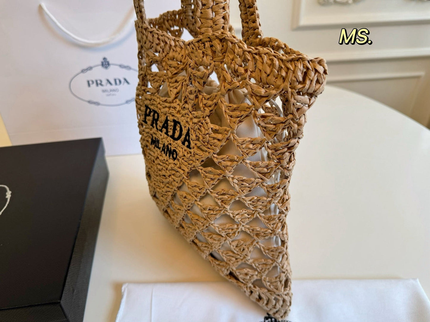 EMBROIDED LOGO TOTE BAG 32 IN BROWN WOVEN RAFFIA TRIANGLE PATTERN