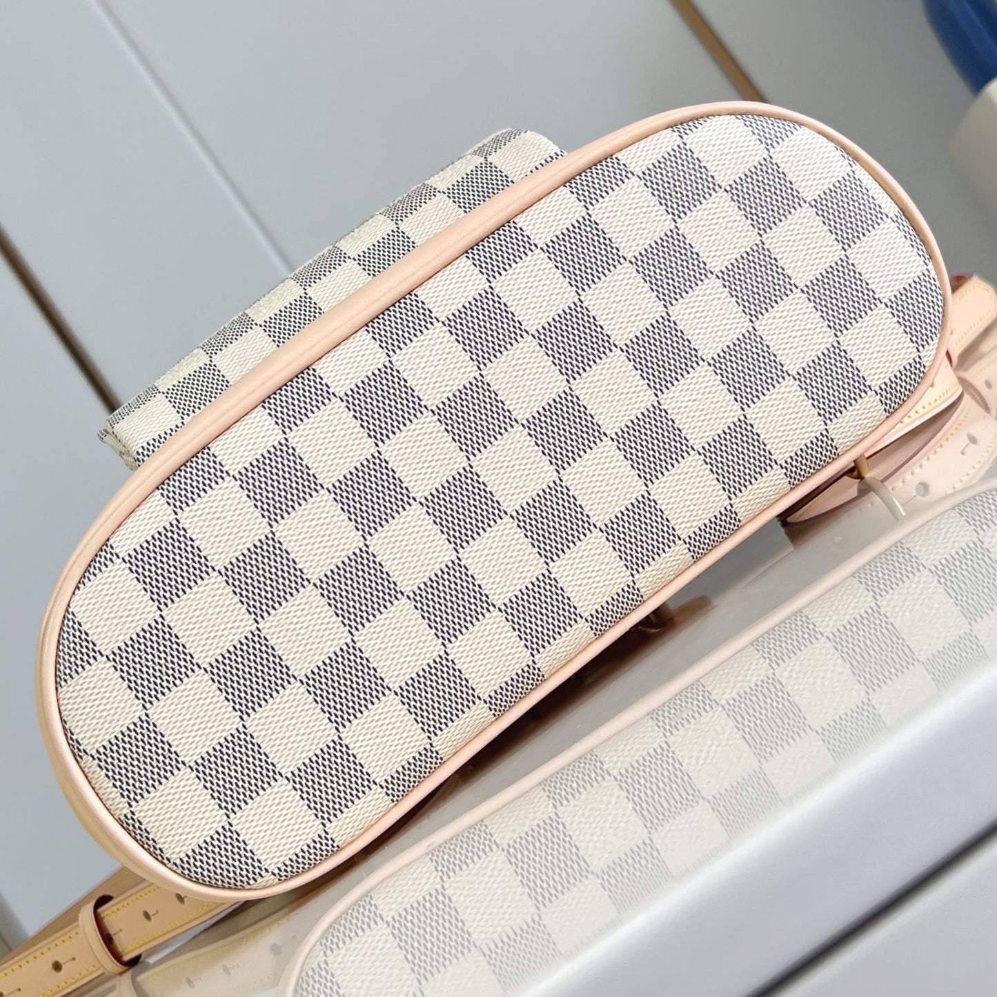 MONTSOURIS BACKPACK PM 30 IN WHITE GREY CHECKERBOARD PATTERN DAMIER AZUR COATED CANVAS