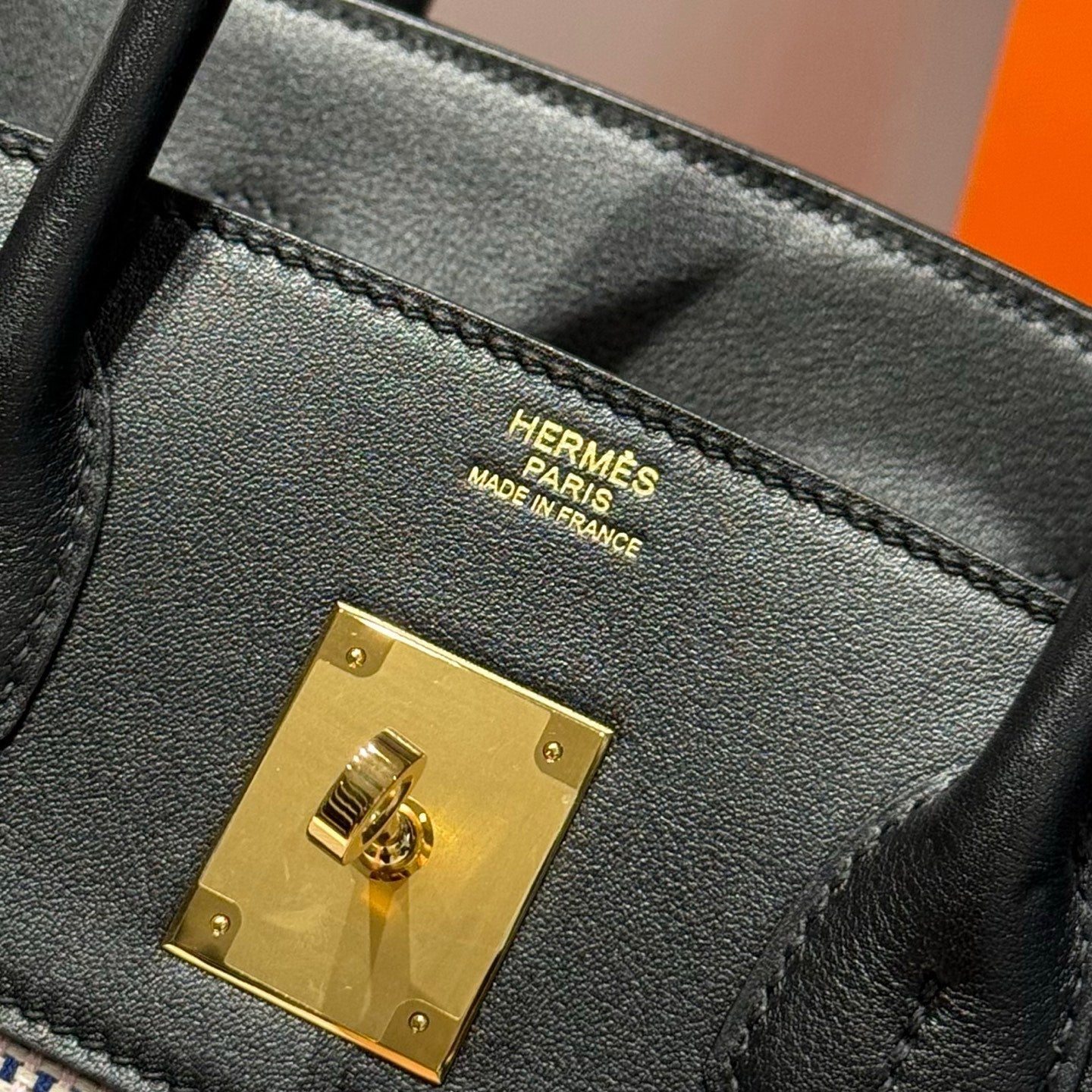 QUADRILLE BIRKIN 30CM IN BLACK SWIFT CALFSKIN WHITE BLUE PINK PLAID TOILE CANVAS