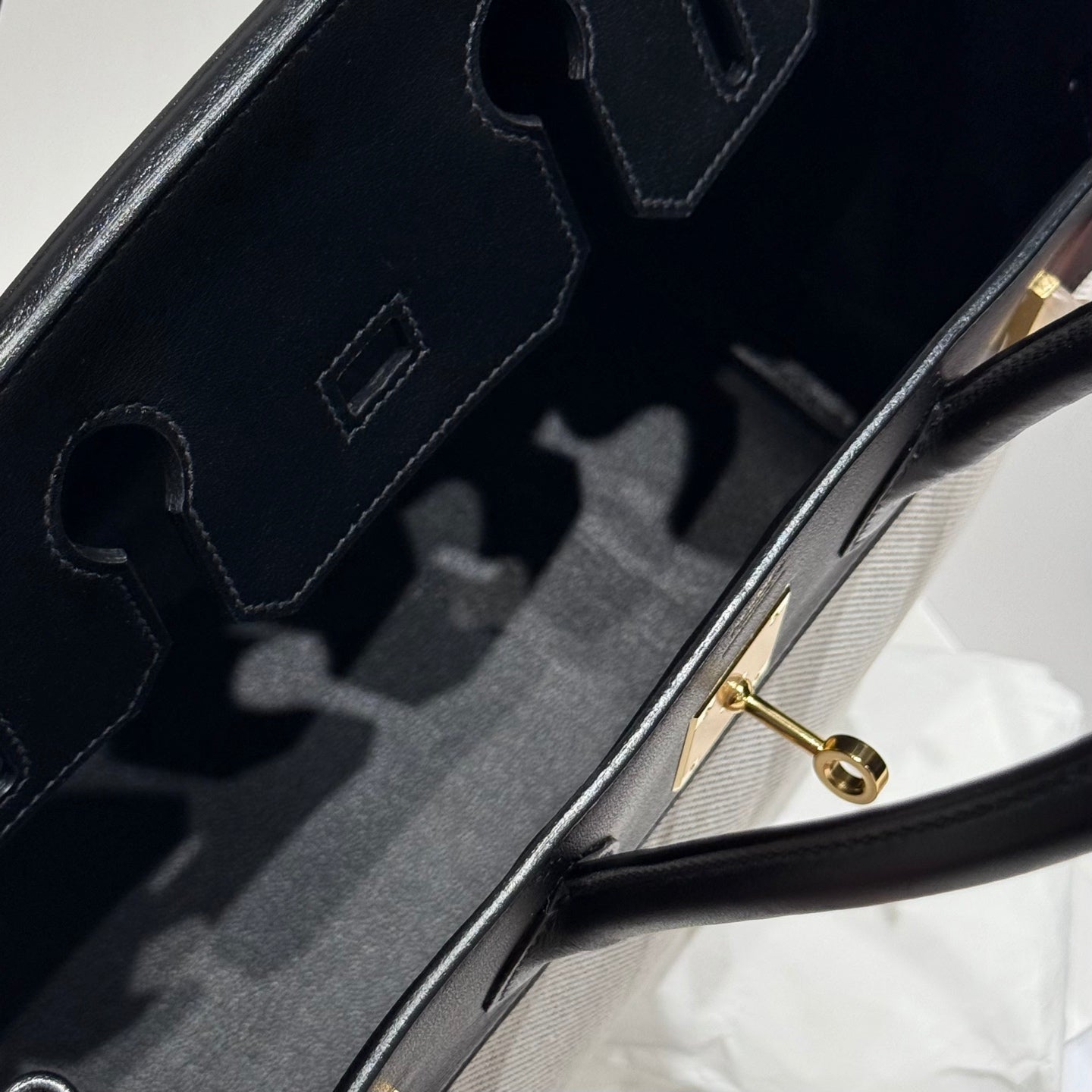 QUADRILLE BIRKIN 30CM IN BLACK SWIFT CALFSKIN WHITE TOILE CANVAS