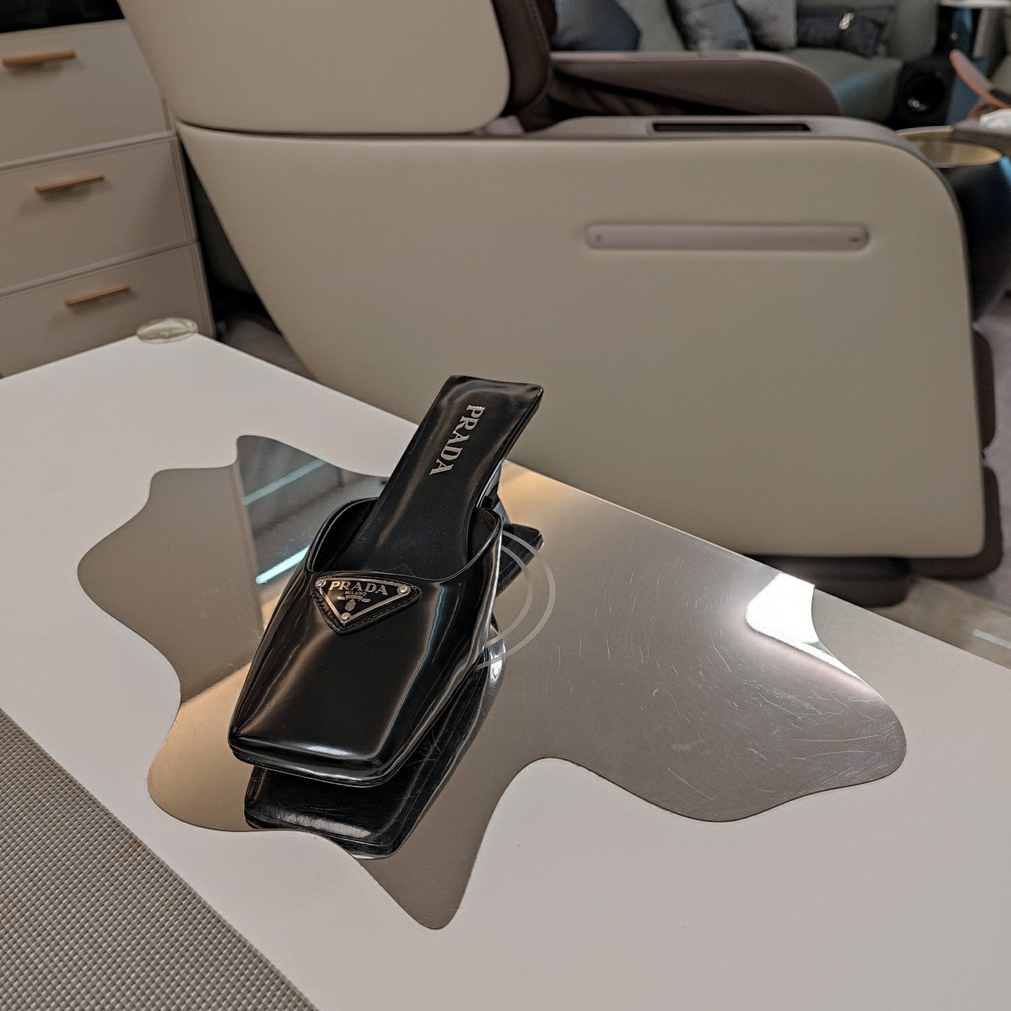 PRA SQUARE TOE MULES BLACK CALFSKIN WITH LOGO