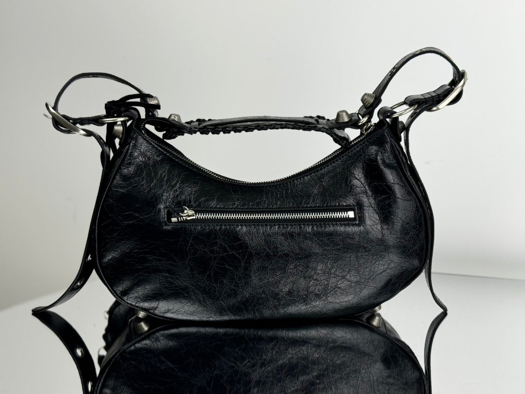 LE CAGOLE LARGE SHOULDER BAG 33 WITH RHINESTONES IN BLACK ARENA LAMBSKIN SILVER HARDWARE