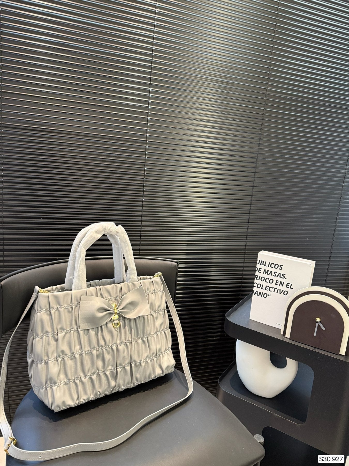 BOW DETAIL RUCHED TOP HANDLE BAG 29 IN LIGHT GREY SAFFIANO LEATHER