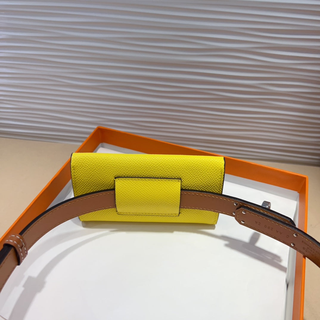 HM KELLY LEMON YELLOW POCKET 18MM BELT CINNAMON BROWN LEATHER SILVER HARDWARE