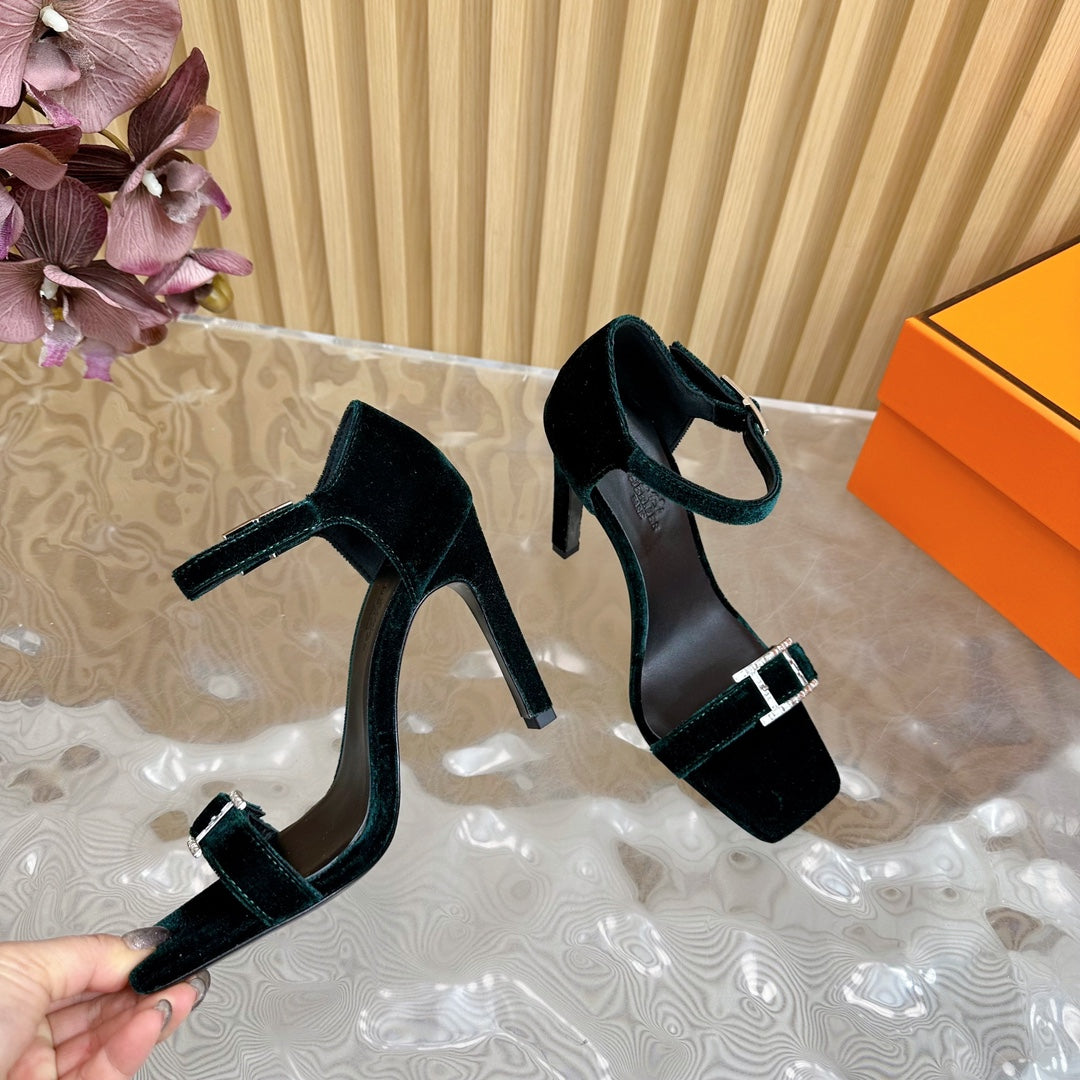 JULY SANDAL 105 MM IN TEAL GREEN VELVET