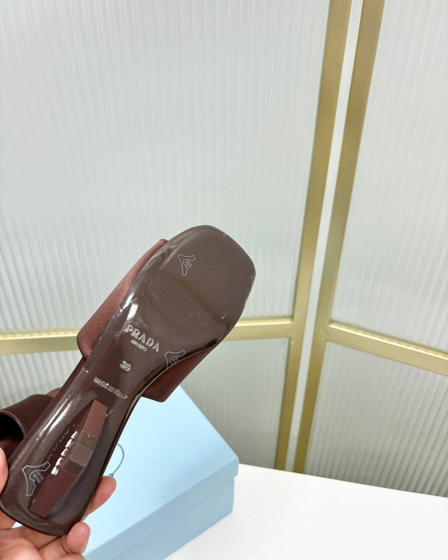 PRA TRIANGLE HEEL SATIN SLIPPERS BROWN