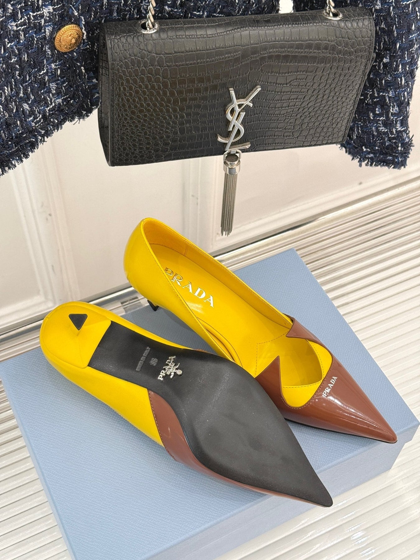 KITTEN HEEL PUMPS IN YELLOW MIX BROWN ORANGE CALFSKIN