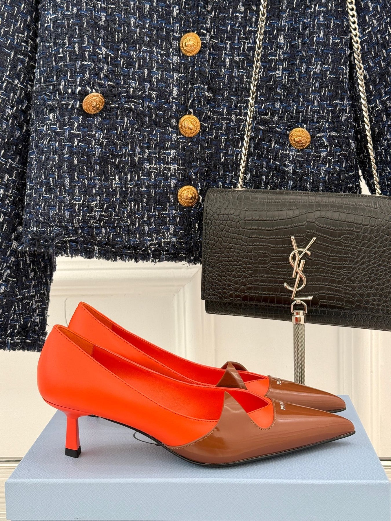 KITTEN HEEL PUMPS IN BROWN MIX ORANGE CALFSKIN