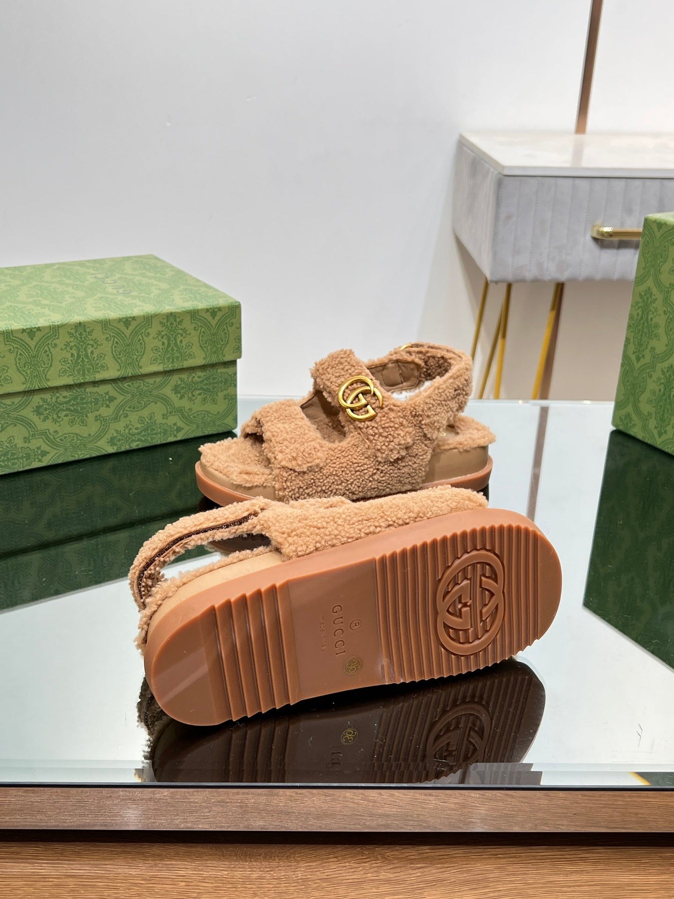 DAD SANDALS IN CIDER BROWN FLEECE WITH GOLD HARDWARE